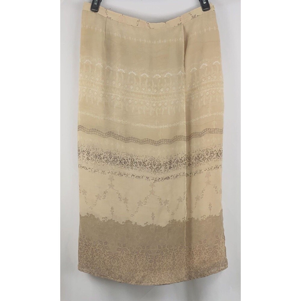 Flowy crinkle chiffon maxi skirt 24W tan geo Mock wrap style 36"W Career Boho